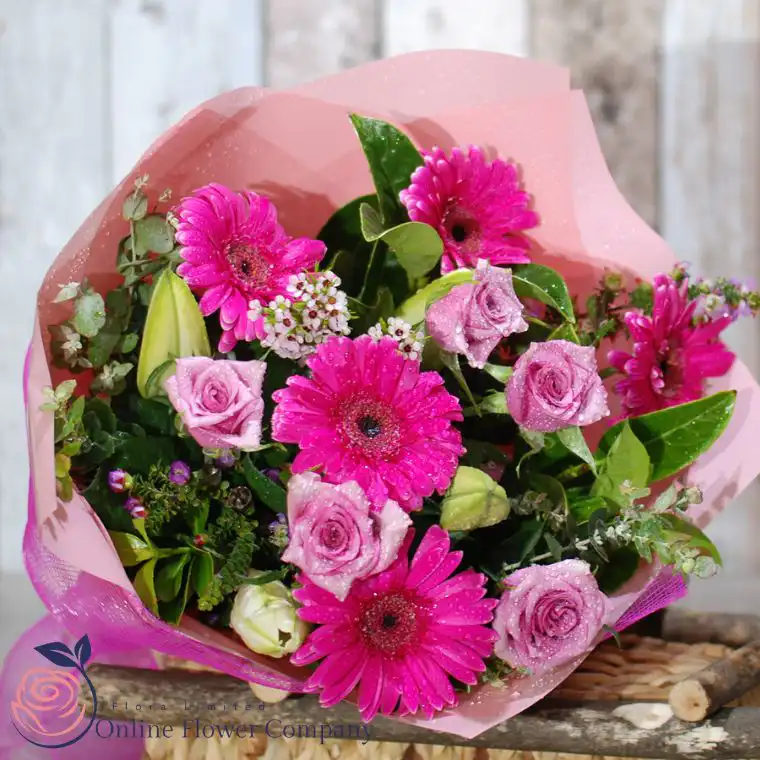 Pink Roses & Hydrangea Bouquet 2 Pink Gerbera Hand-Tied Bouquet