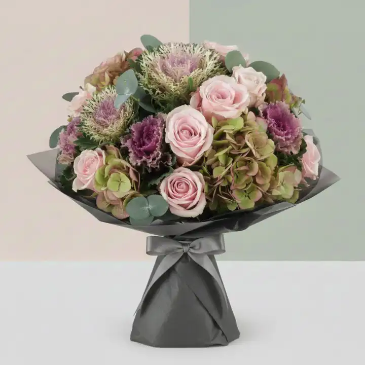 Purple Kale Luxury Bouquet 1 A vibrant purple kale bouquet combined with fresh greenery and seasonal blooms in a sophisticated arrangement.