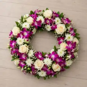 Magenta Orchid & White Chrysanthemum with Cream Rose