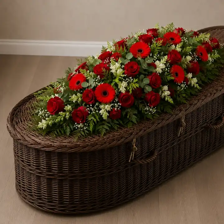 Eternal Devotion Red Rose and Gerbera Coffin Spray 1 Red Rose and Gerbera Coffin Spray on coffin