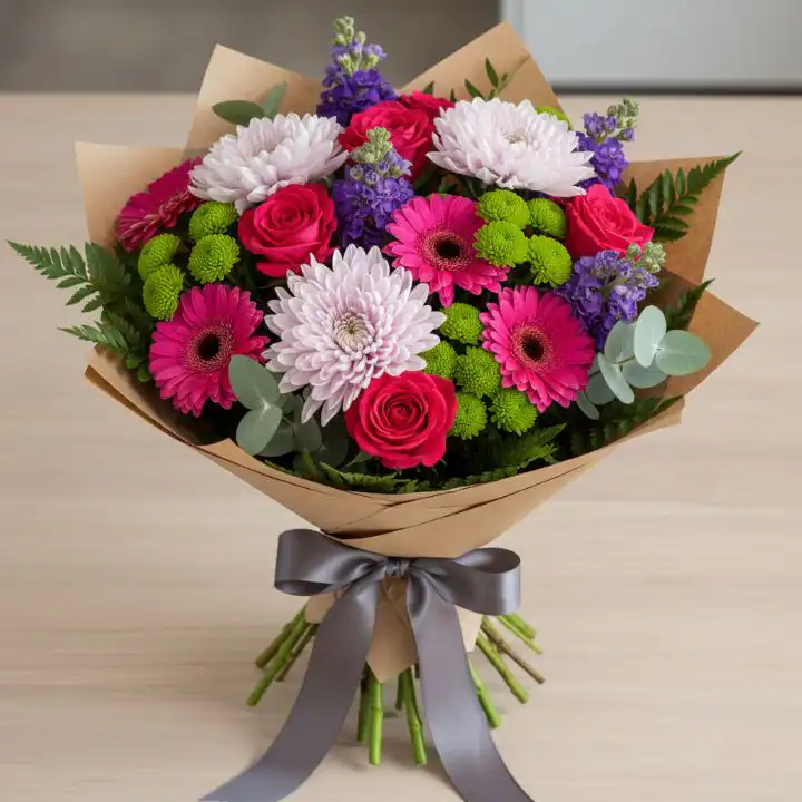 Pink Gerbera Daisies & Roses Bouquet 1 A vibrant gerbera daisy and roses bouquet in shades of pink arranged with fresh green leaves.