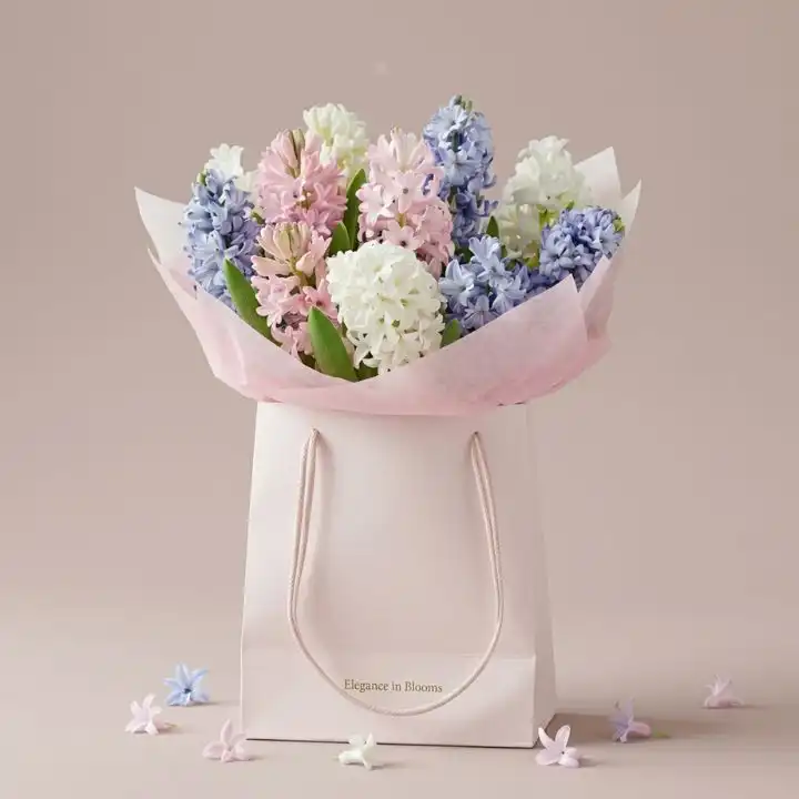 Pastel Hyacinth Bliss Bouquet 1 A beautifully arranged hyacinth flower bouquet featuring soft pastel purple and blue blooms wrapped in elegant paper.