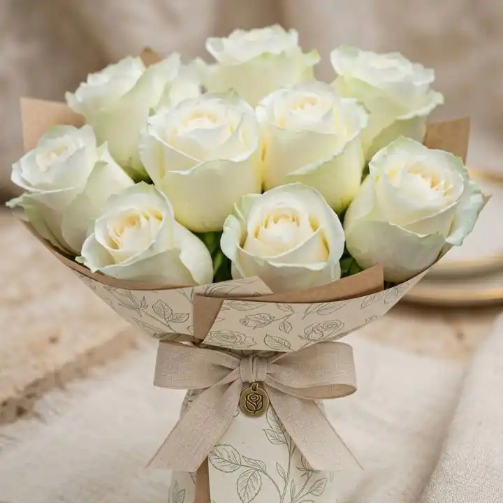Pure White Silk Rose Bouquet 1 Hand-tied white silk rose bouquet with ten fresh roses and dark green leaves.