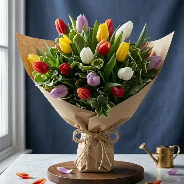 Vibrant Tulip Bliss Bouquet 1 A vibrant tulip flower bouquet featuring a mix of pink, yellow, and purple petals arranged with fresh green stems.