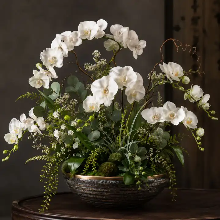 Elegant White Moth Orchid in Gold Pot 1 white phalaenopsis orchid plant