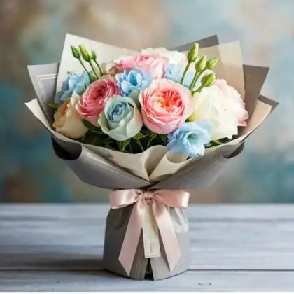 A handcrafted rose and lisianthus bridal bouquet featuring soft cream roses and deep purple lisianthus with green foliage.