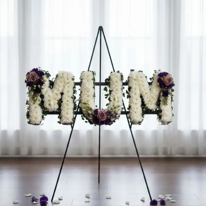 Elegant White, Pink & Purple Mum Funeral Letters 1 A beautiful floral arrangement forming mum funeral letters using white carnations with pink and purple rose accents.