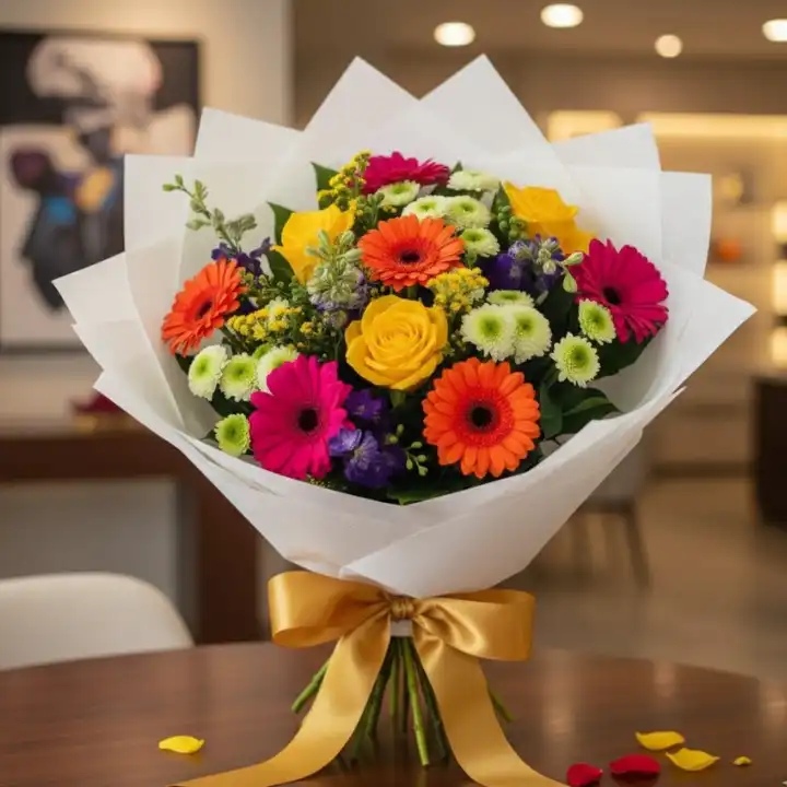 The Sunshine & Joy Bouquet: Yellow, Pink & Orange Bouquet 1 Vibrant yellow rose and gerbera bouquet delivery arrangement with pink accents and lush greenery in a glass vase.