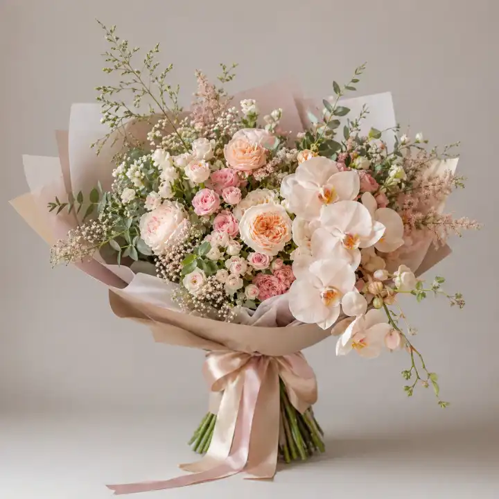 Peach Bliss Orchid-Rose Bridal Bouquet 1 roses and orchid bouquet