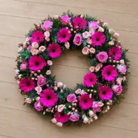Elegant Pink Rose and Magenta Gerbera Funeral Wreath