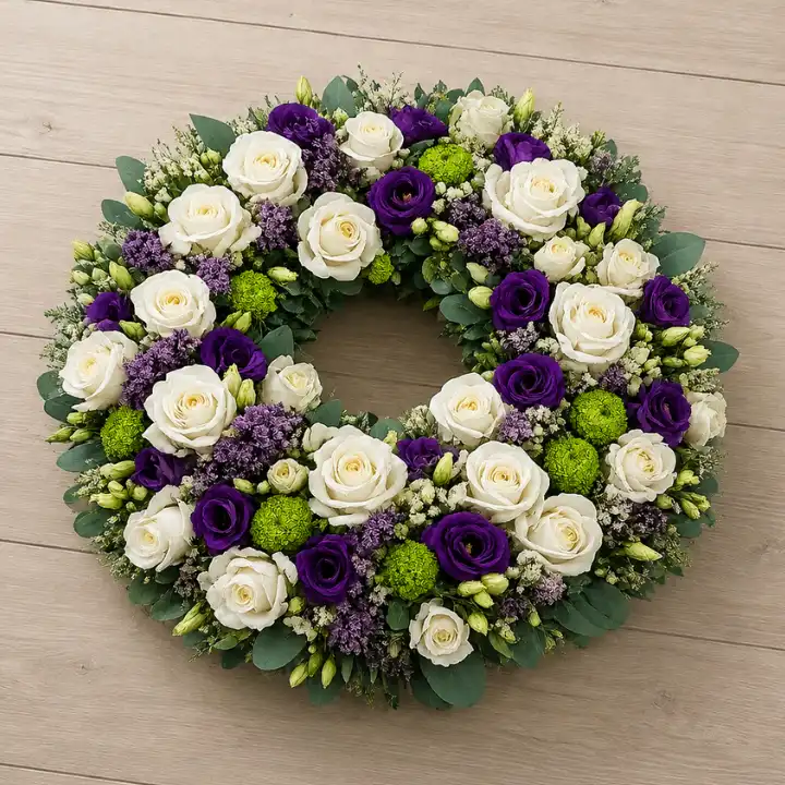 White Rose & Purple Lisianthus Funeral Wreath 1 White rose and purple lisianthus funeral wreath with green chrysanthemum