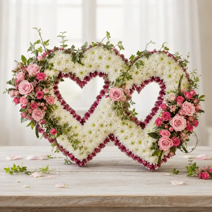 Eternal Devotion: Luxury Fresh Floral Double Heart Tribute 1 funeral flowers double heart wreaths
