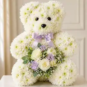 Teddy Bear Funeral Flowers Tribute | White Chrysanthemum Bear