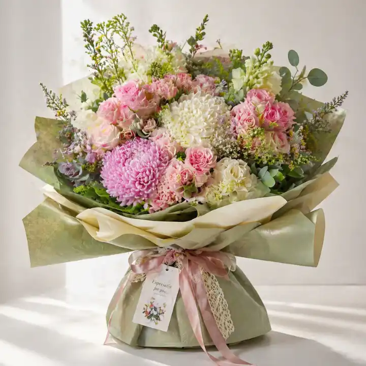 Lush Pink & White Chrysanthemum Rose Bouquet 1 chrysanthemum and rose bouquet_