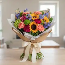 A vibrant arrangement of mixed carnation and freesia bouquets in a decorative wrap, showcasing fresh textures and colors.