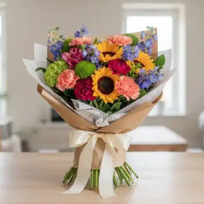 A vibrant arrangement of mixed carnation and freesia bouquets in a decorative wrap, showcasing fresh textures and colors.