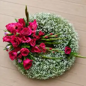 Heartfelt Hot Pink Rose & Gladiolus Wreath with Baby's Breath