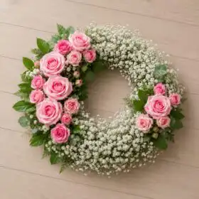 Elegant Pink Rose & White Baby's Breath Funeral Wreath