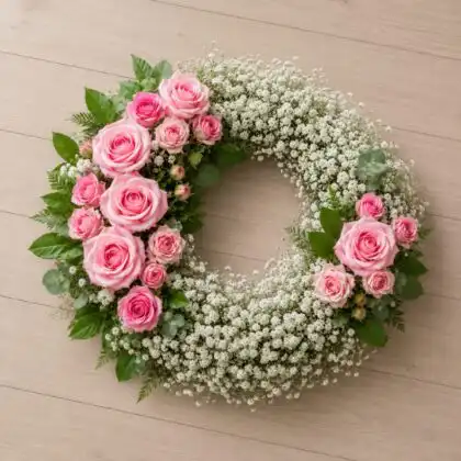 Pink Rose and White Baby Breath Funeral Wreath