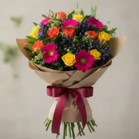 Vibrant Sunshine Rose & Pink Gerbera Hand-Tied Bouquet