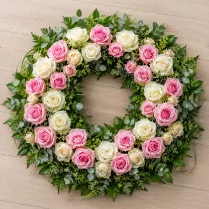 Graceful Pink and White Rose Tribute Wreath with greenery