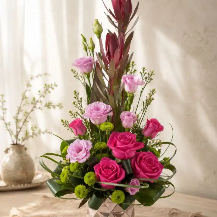Modern Purple Calla Lily & Rose Bouquet in Rose-Gold Vase 1 purple calla lily bouquet