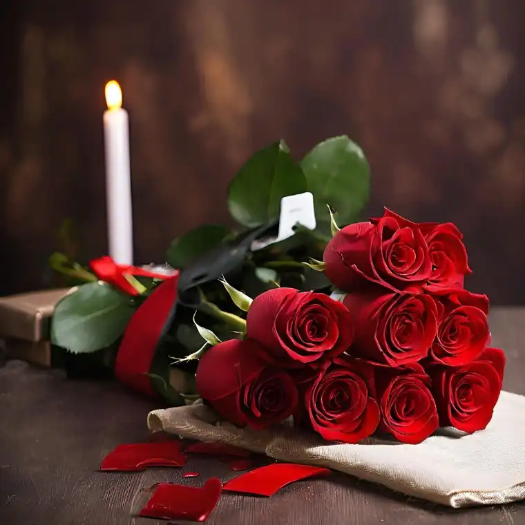 9 Red Roses Bouquet 1 A beautiful 9 red roses bouquet wrapped in rustic paper set against a warm candlelit wooden background.