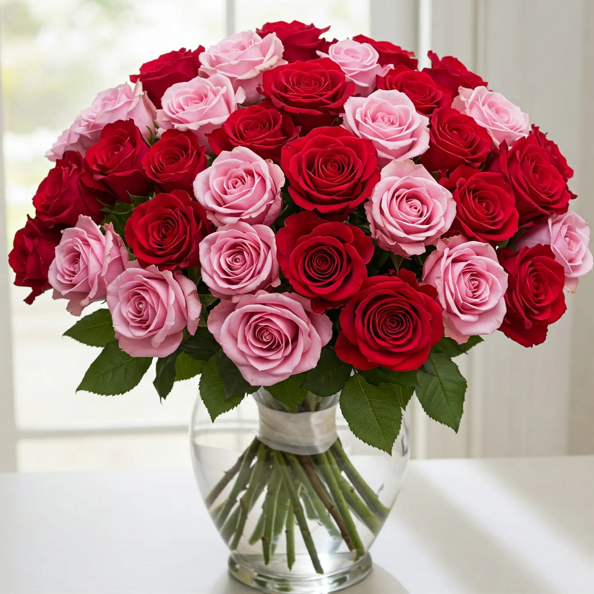 Radiant Romance: Red and Pink Rose Bouquet 2 "International Women’s Day Red and Pink Rose Bouquet - Elegant floral arrangement featuring red and pink roses"