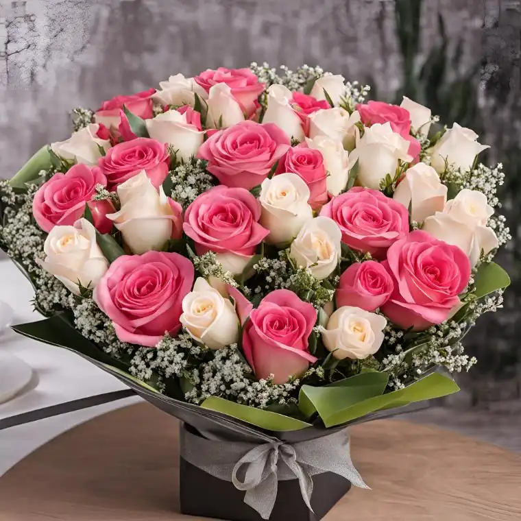 Luxury Pink and White Roses Bouquet 1 Stunning Bridal Bouquet Pink and White Roses arrangement in a black gift box, ideal for a luxury wedding or engagement presentation.