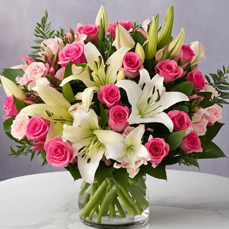 White Lily & Pink Rose Luxury Bouquet 2 The White and Purple Bouquet Special Offer features a beautiful mix of white lilies, roses, and purple flowers. Perfect for any occasion, this bouquet is arranged with care and freshness in mind. Delivered on time with our easy tracking service, it's the perfect way to brighten someone's day with elegance. The White and Purple Bouquet Special Offer features a beautiful mix of white lilies, roses, and purple flowers. Perfect for any occasion, this bouquet is arranged with care and freshness in mind. Delivered on time with our easy tracking service, it's the perfect way to brighten someone's day with elegance.
