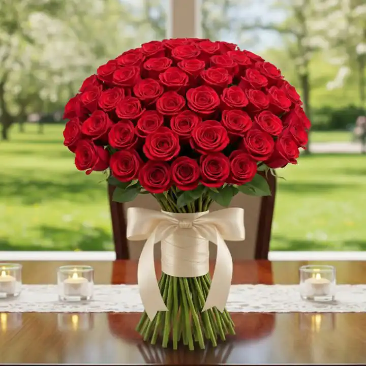 Red Royalty - Bouquet of 50 Red Roses 1 A luxury hand-tied bouquet of 50 red roses wrapped in a cream silk ribbon on a blurred interior background.