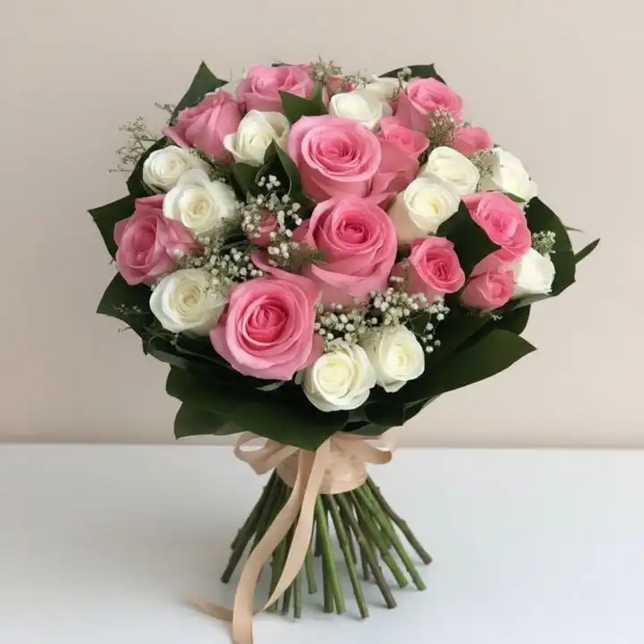 Classic Hand-Tied Bouquet of Pink and White Roses 1 A handcrafted bouquet of white and pink roses tied with a satin ribbon, showcasing fresh blooms and green foliage.