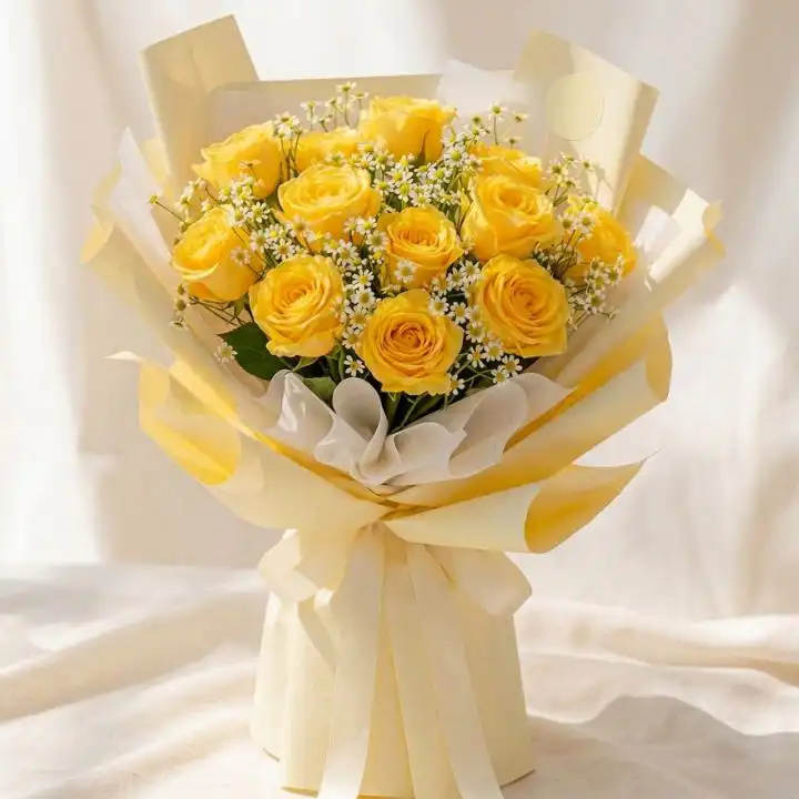 What flower is called the poor man's rose? 2 A luxury yellow rose bouquet arranged with delicate white gypsophila in a premium floral wrap.