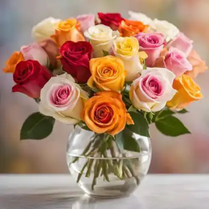 A vibrant bouquet of fresh red, pink, orange, and white Rose in a Glass Vase on a marble surface.