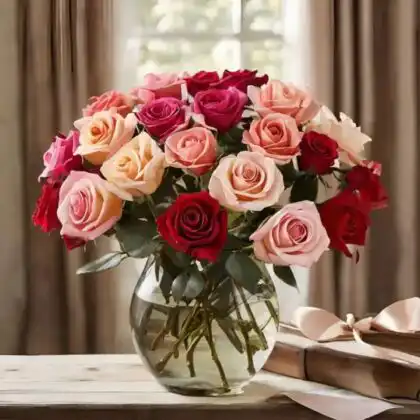 A stunning pastel pink rose bouquet displayed in a clear luxury glass vase on a bright surface.