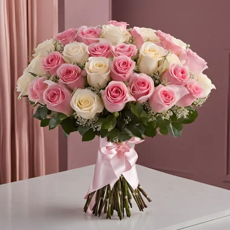 Stunning Pink and White Rose Bouquet 1 A lush pink and white rose bouquet hand-tied with a satin ribbon and accented by delicate baby's breath.