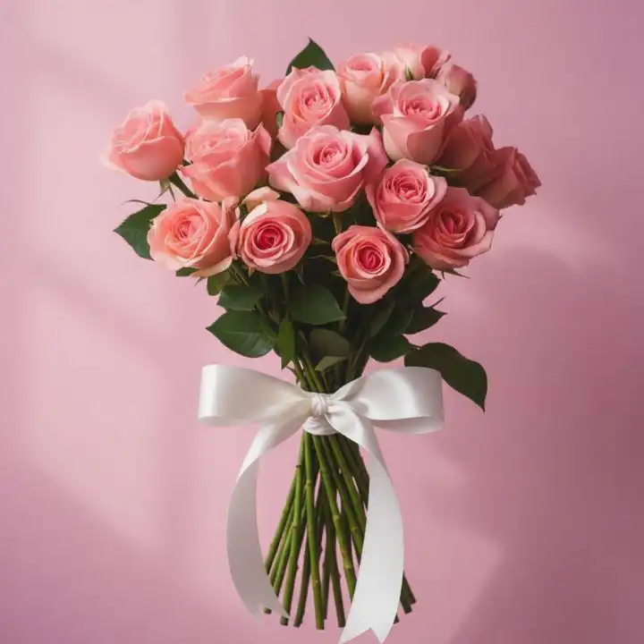 Premium Bouquet of 10 Fresh Pink Roses 1 A handcrafted premium bouquet roses pink tied with a white satin ribbon against a soft pastel background.