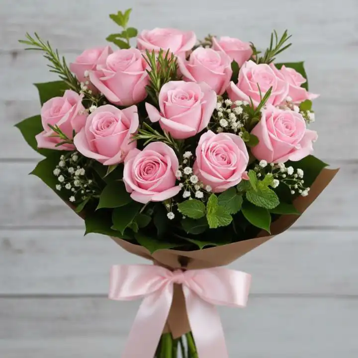 Soft Blush - Hand-Tied Pink Rose & Thistle Bouquet 1 A handcrafted flower bouquet pink roses accented with fresh rosemary, mint leaves, and white gypsophila in kraft paper.