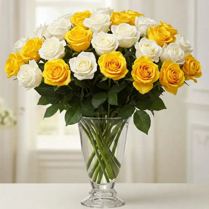 Angelic Brightness - Yellow and White Roses Bouquet 1 A lush yellow and white roses bouquet with green foliage arranged beautifully in a transparent glass vase.