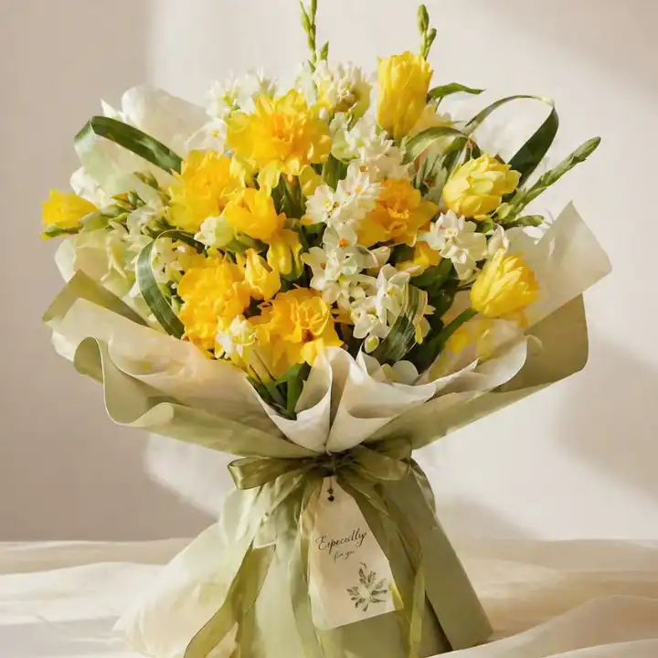 Handcrafted White Freesia and Yellow Narcissus Flower Bouquet 1 Freesia Flower Bouquet