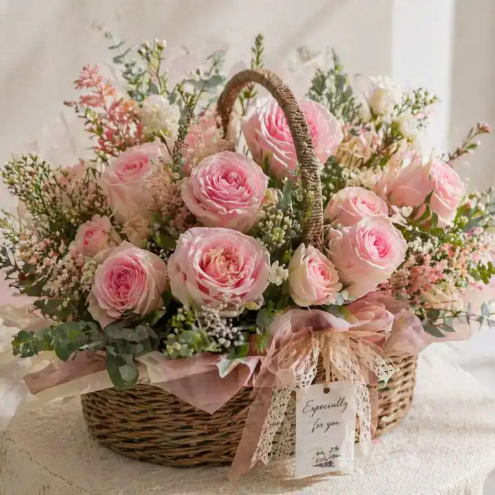 Pink Rose Arrangement in Basket 1 Pink Rose Arrangement in Basket