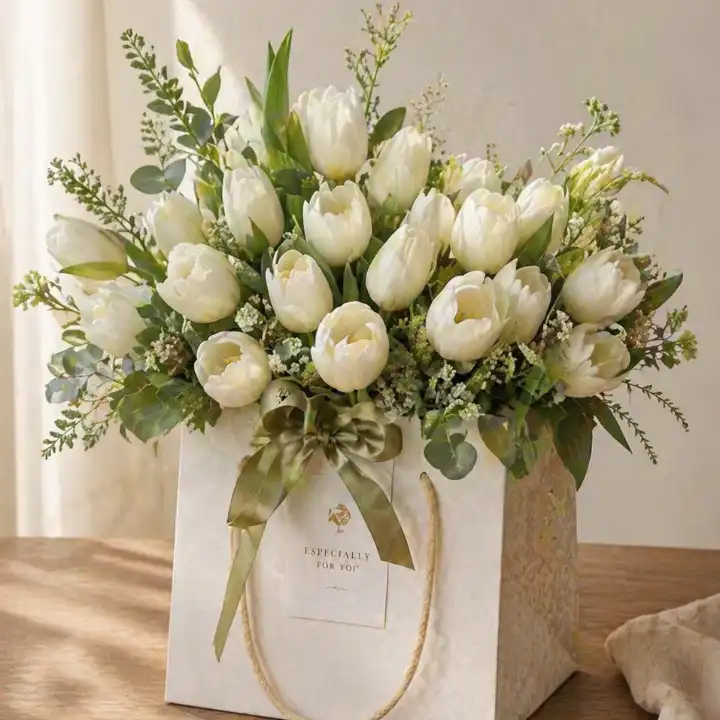 White tulips in a basket 1 Tulip Flower Basket