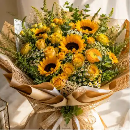 12 Yellow Sunflower and Rose Bouquet