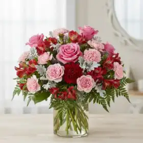 Radiant Velvet Roses, Alstroemeria & Carnation Blossom Vase