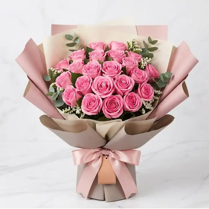 Luxury Pink Rose Elegance Bouquet 1 A flower beautiful pink rose bouquet arranged with fresh greenery in a luxury wrap.