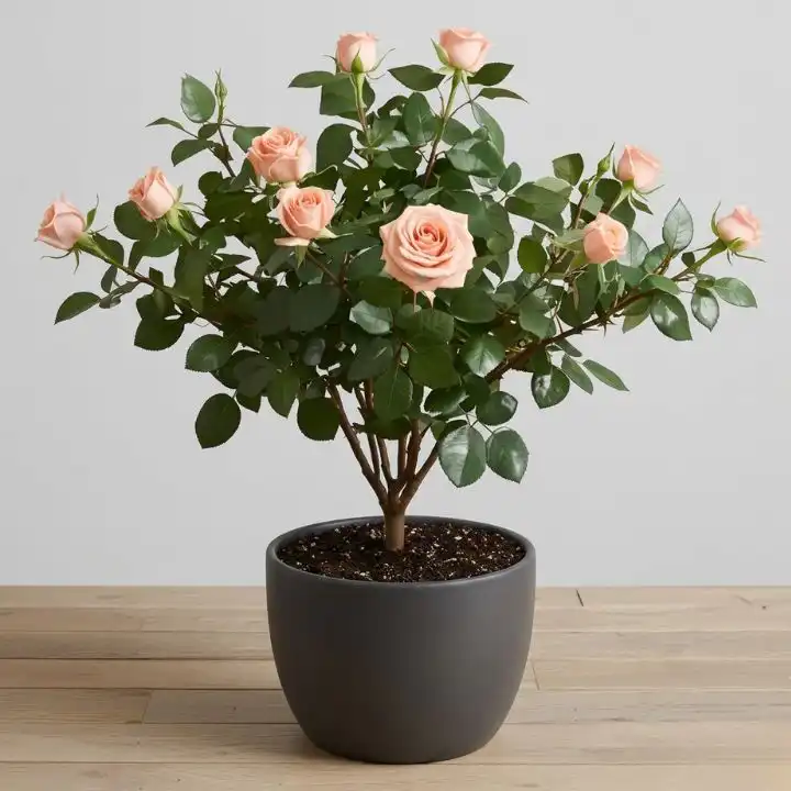 Potted Pink Rose Plant 1 A blooming hot pink rose plant growing in a stylish pot, showcasing vibrant petals and lush green leaves.