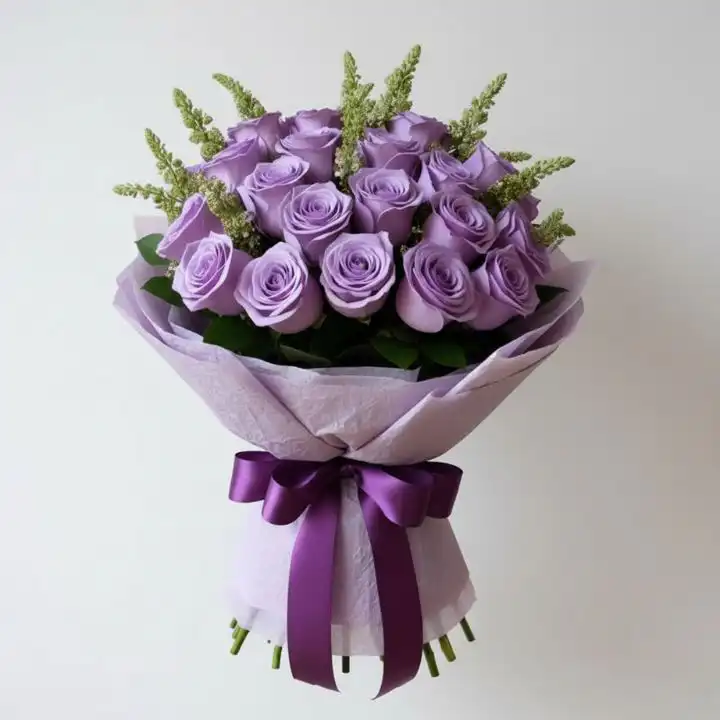 Lilac Rose & Astilbe Bouquet: Handcrafted Elegance 1 A fresh lilac bouquet rose arrangement featuring premium lavender roses and green astilbe fillers against a neutral background.