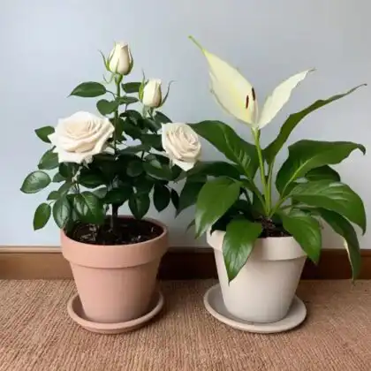 Fresh white peace lilies and roses growing in decorative ceramic and terracotta pots against a neutral wall.