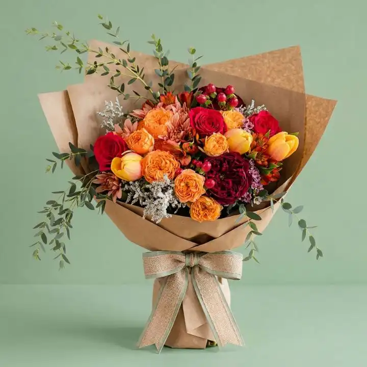 Sunset Velvet: Luxury Chrysanthemum and Tulip Bouquet 1 Handcrafted Sunset Velvet luxury chrysanthemum and tulip bouquet arranged in a premium floral wrap for gifting.