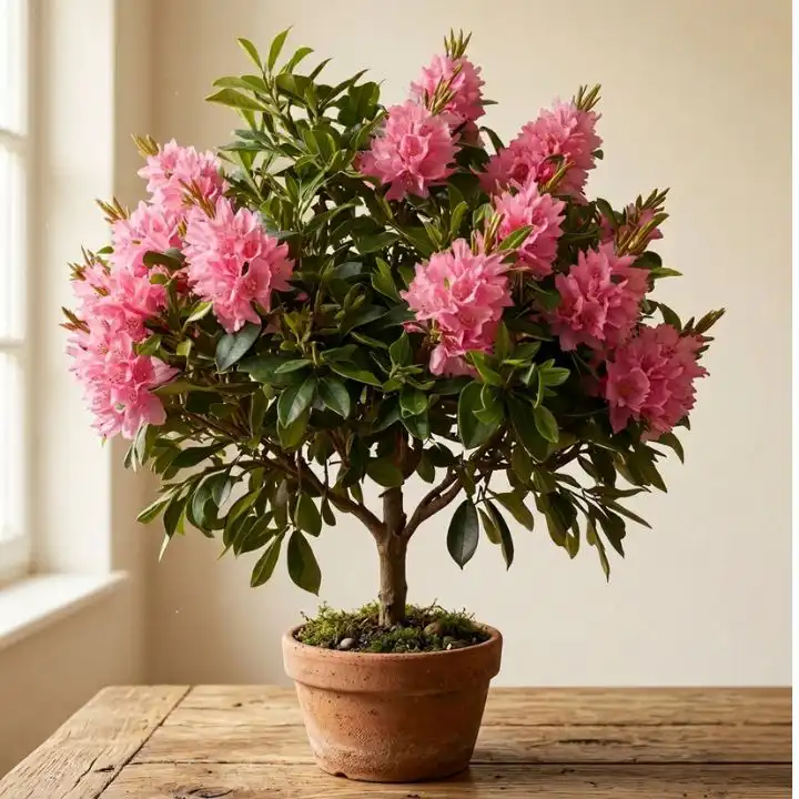Vibrant Pink Rhododendron Tree 1 A blooming pink rhododendron plant with lush green leaves in a stylish garden pot.